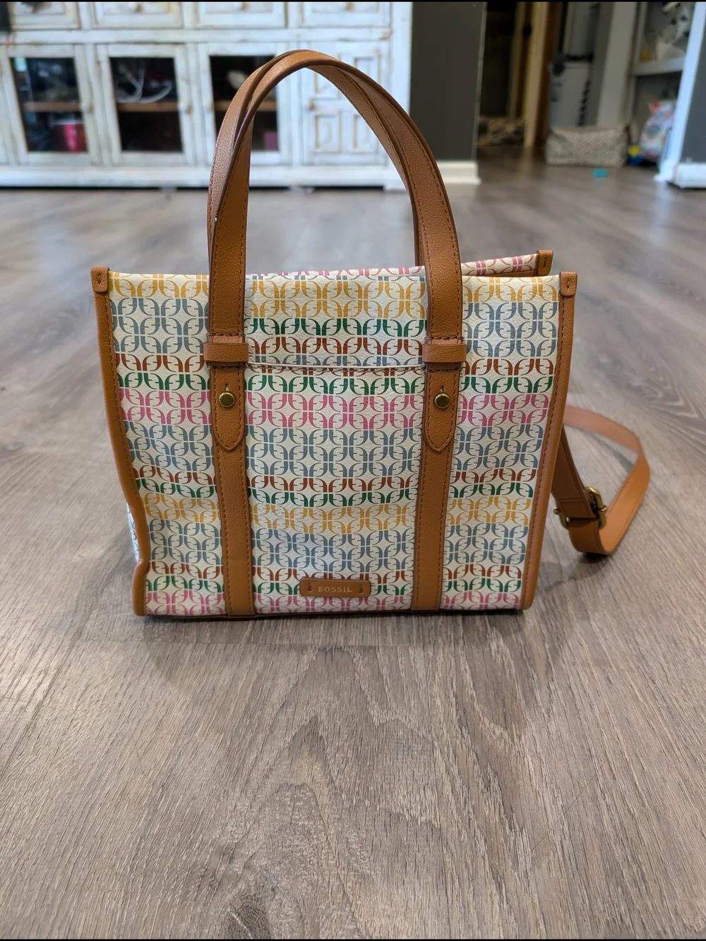 Fossil Kingston Monogram Canvas Leather Crossbody Bag Tote Neutral Multi Color